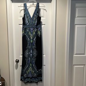 Black maxi with blue and green floral designs and silver gems